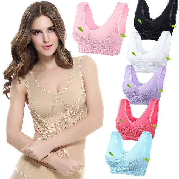Women Sexy Lingerie Lace Solid Color Cross Side Buckle Bras Wireless Push Up Breathable Sleep Underwear Sports Bra Plus Size