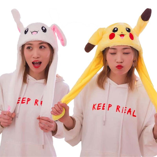 Pikachu Plush Hat Rabbit Hat with Ears Moving Toy Stuffed Soft Creative Funny Hat Doll Cute Birthday Gift for Kids Girl Caps